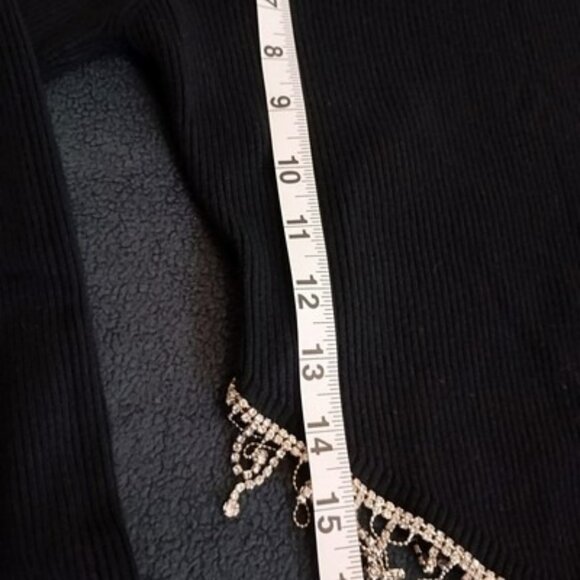 Top With Rhinestone Fringe Hem Black Ribbed Long-Sleeve Womens - Picture 8 of 9